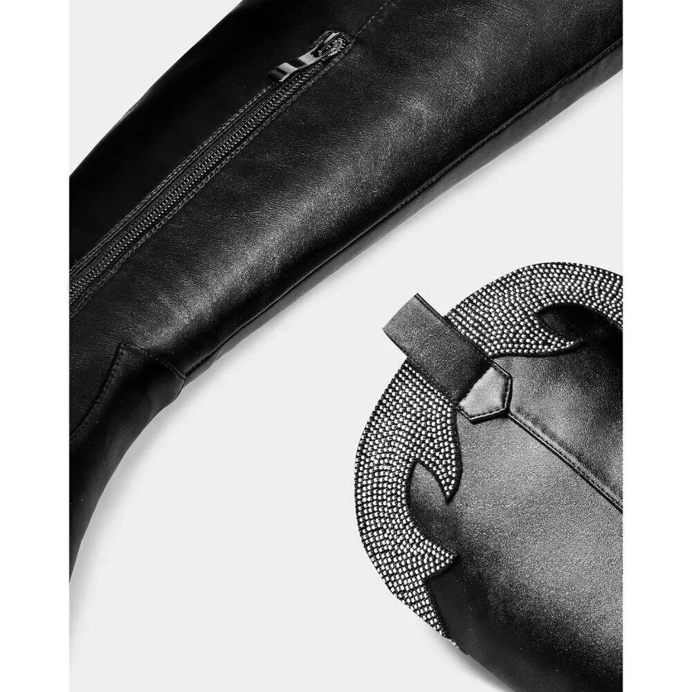 Women Black - Pu Polyurethane (PU)Black Thigh High Pointed Toe Chunky Heel Boots